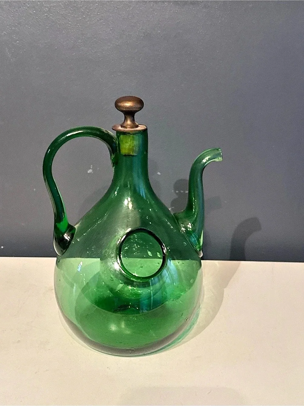Glass Decanter Green Vintage Italian Hand Blown Mid Century Bar Decor